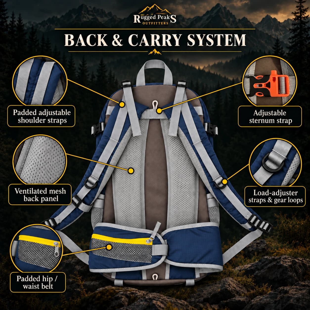 Back and carry system of the Rugged Peaks 45L backpack: padded adjustable shoulder straps, adjustable sternum strap, ventilated mesh back panel, load-adjuster straps and gear loops, padded hip and waist belt