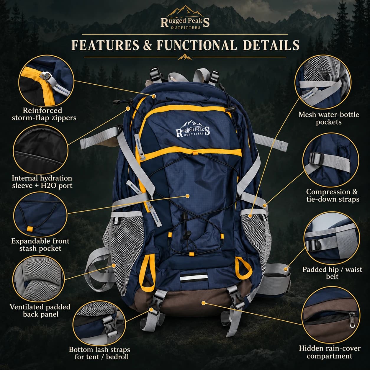 Features and functional details of the Rugged Peaks 45L backpack: reinforced storm-flap zippers, internal hydration sleeve, expandable front stash pocket, ventilated padded back panel, bottom lash straps, mesh water-bottle pockets, compression straps, padded hip belt and hidden rain-cover compartment