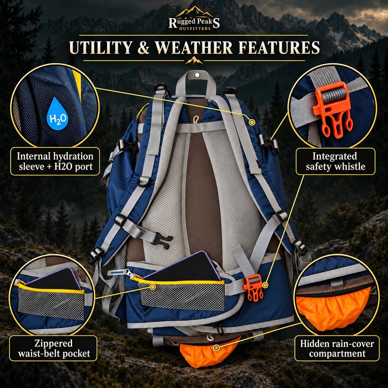Utility and weather features of the Rugged Peaks 45L backpack: internal hydration sleeve with H2O port, sternum-strap buckle, zippered waist-belt pocket and hidden rain-cover compartment with the orange rain cover deployed