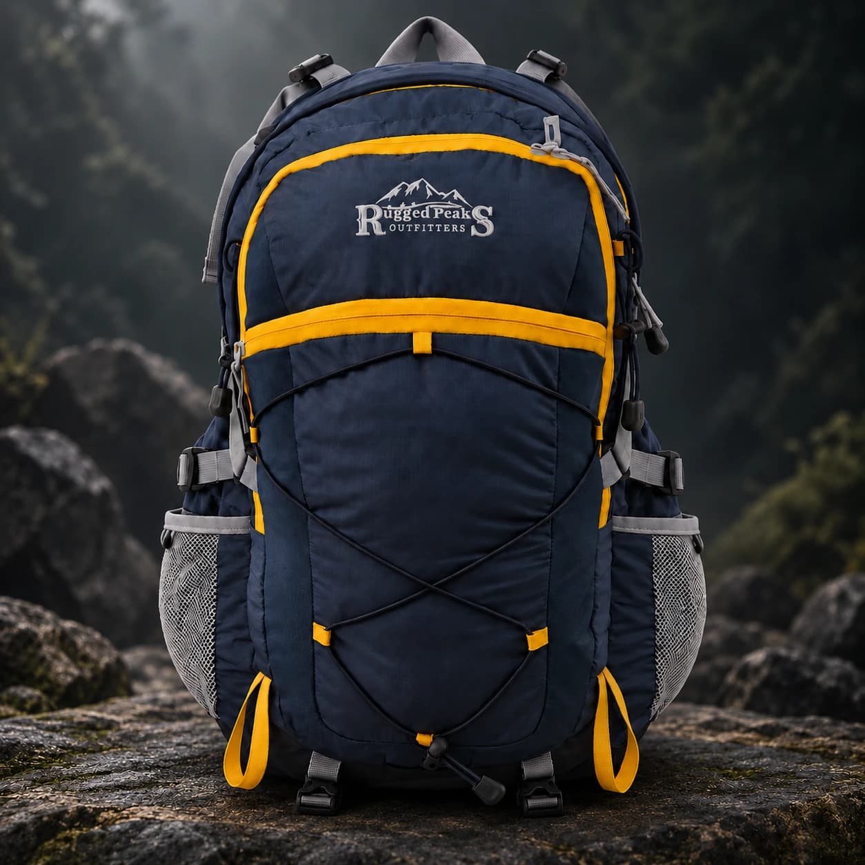 Rugged Peaks Outfitters Water-Resistant Hiking Backpack 45L in navy with yellow trim, standing on a rock in a misty forest